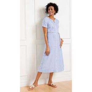 Talbots Blue White Striped 100% Linen Shirt Dress Pockets MIDI NO BELT size 4